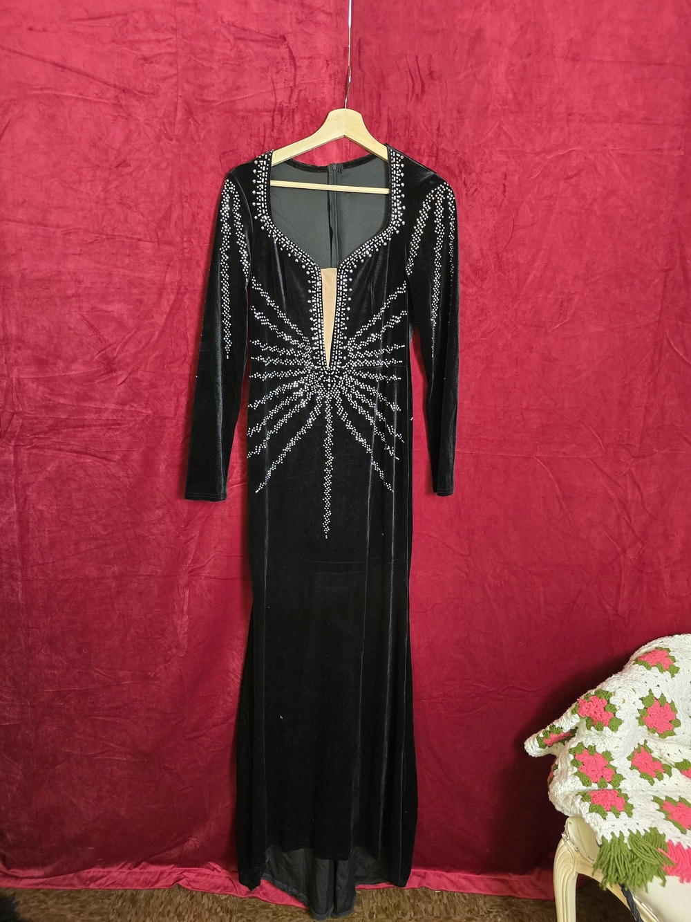 Black Long Velvet Evening Dress with Crystal Starburst Detail